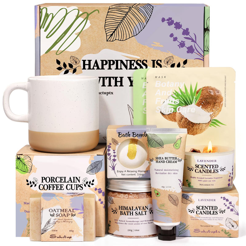Natural Self Care Gift Basket for Women – Spa Gift Set with Mug & Crystal Candle