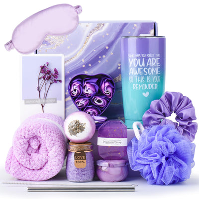 Luxury Self Care Gift Basket for Women – 12PC Lavender Spa Set with Tumbler