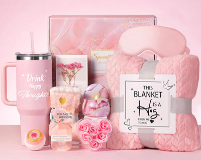 Pink Self Care Gift Basket for Women – Luxury Spa Set with Blanket & 40oz Tumbler