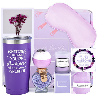 Inspirational Self Care Gift Set for Women – Purple Spa Basket with 40oz Tumbler